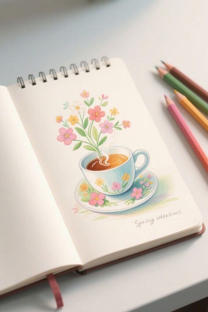 a cup of tea spring drawing ideas