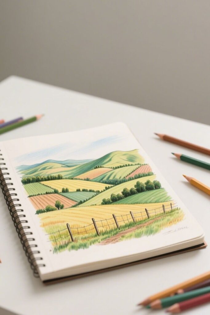 a farm land landscape drawing ideas
