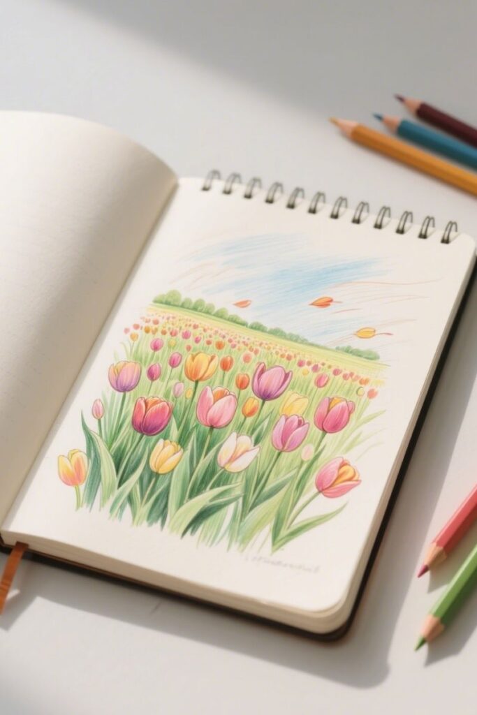 field of tulip spring drawing ideas
