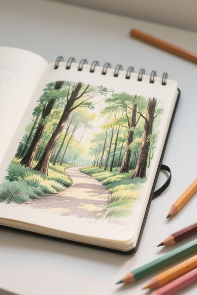 forest path landscape drawing ideas