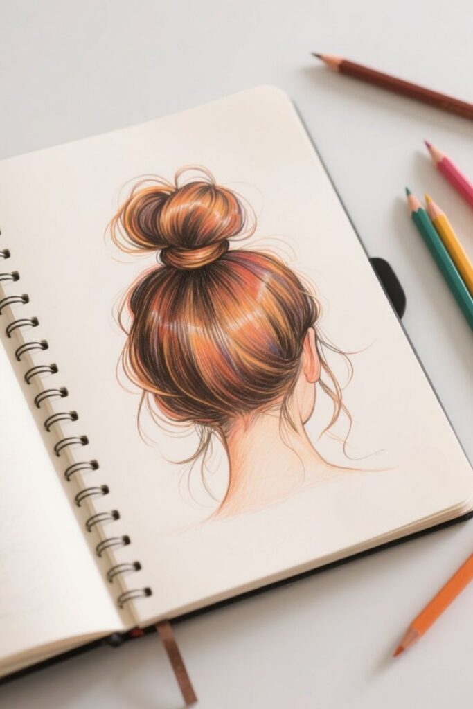 messy bun hair drawing ideas
