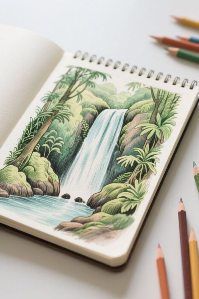 waterfall landscape drawing ideas