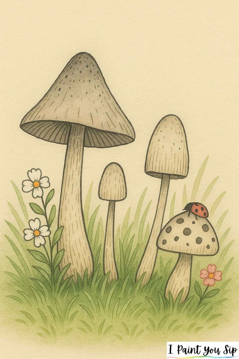 mushroom family in spring grass