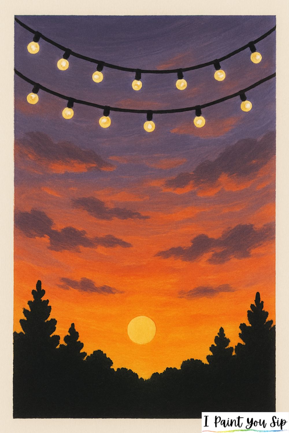 sunset framed by hanging fairy lights